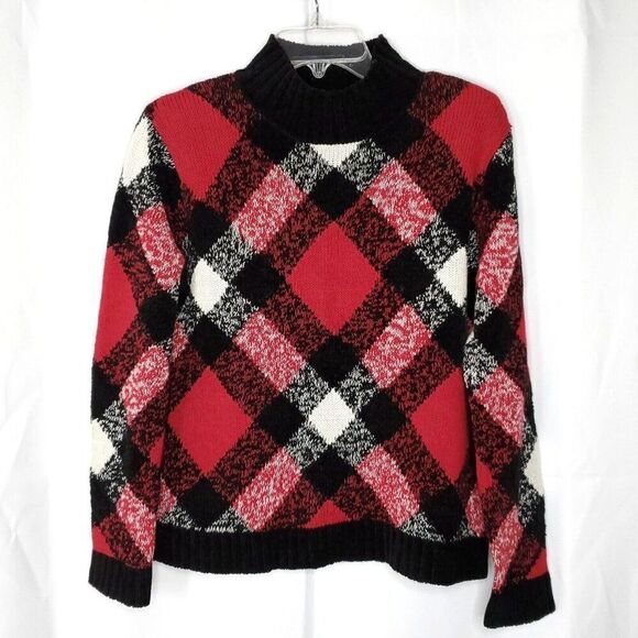 Womens Plaid Argyle Check Sweater PS Black Red Chenille Ribbed Mock Neck Preppy - Picture 1 of 7